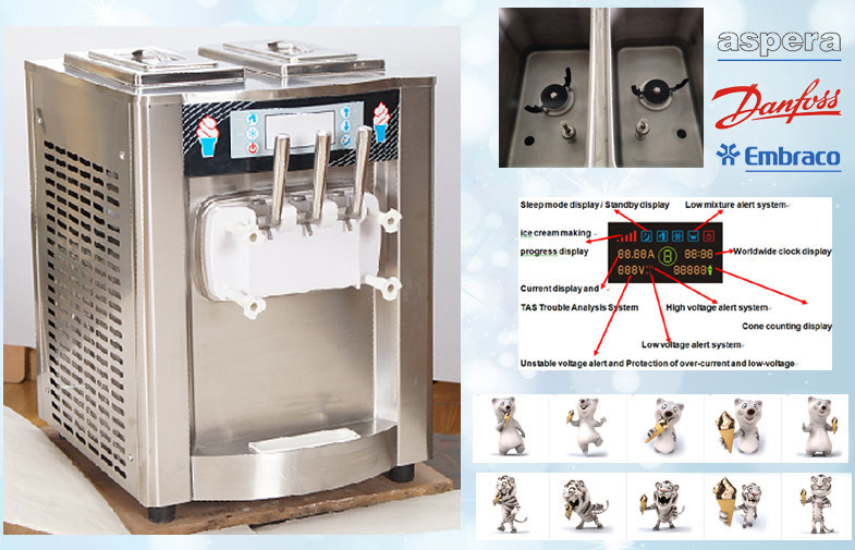 Macchina automatica molle del gelato del congelatore/3 sapori di servire dell'acciaio inossidabile del ripiano